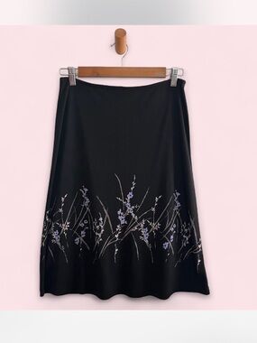 Vintage Y2K 90s Express Black Purple Floral Pull On Skirt M Grunge Fairy Whimsy